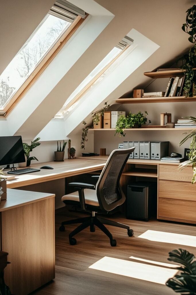 Zona de trabajo en madera bajo ventanas inclinadas con escritorio, cajoneras, estanterías y almacenamiento
