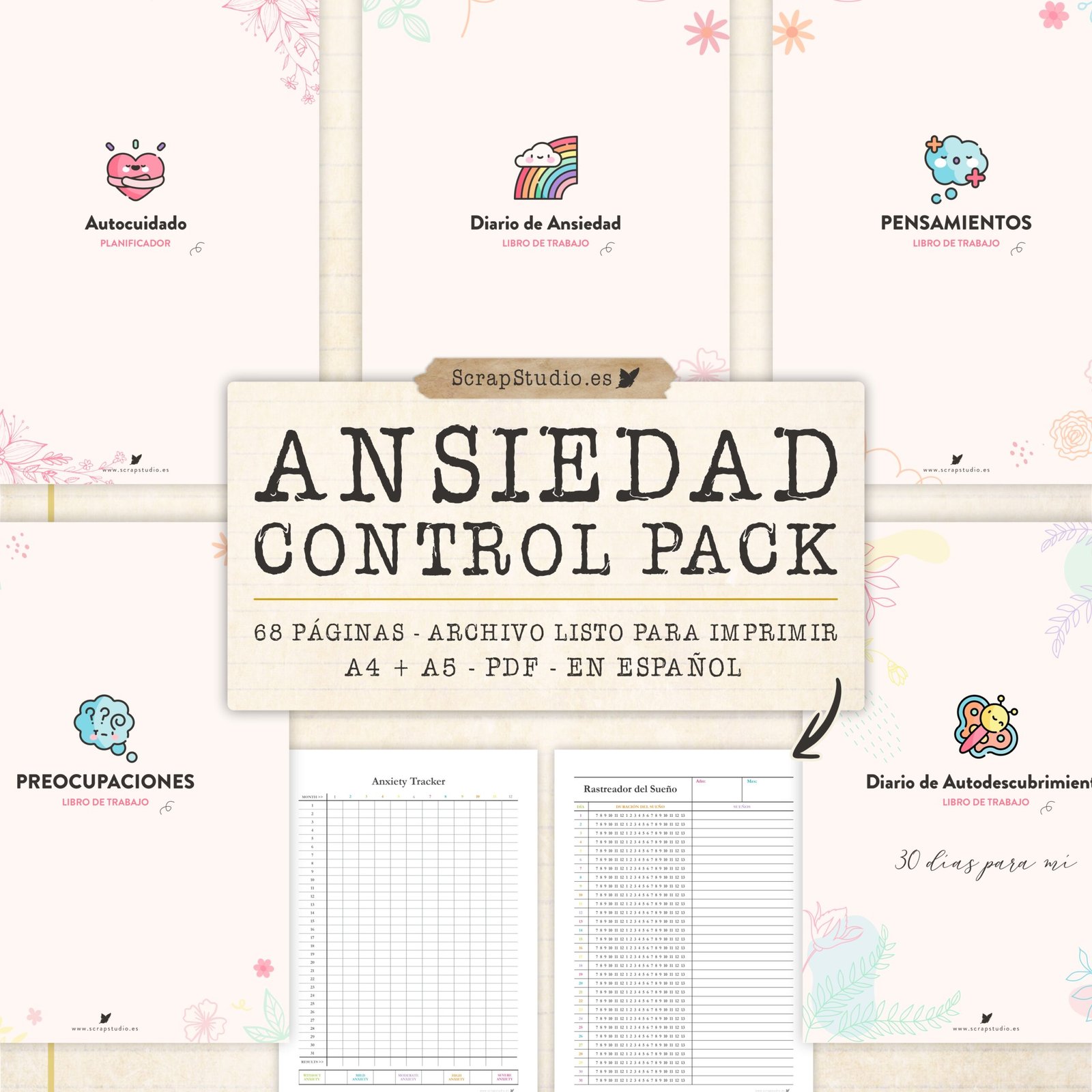 pack anti ansiedad imprimible para escribir y ordenar pensamientos